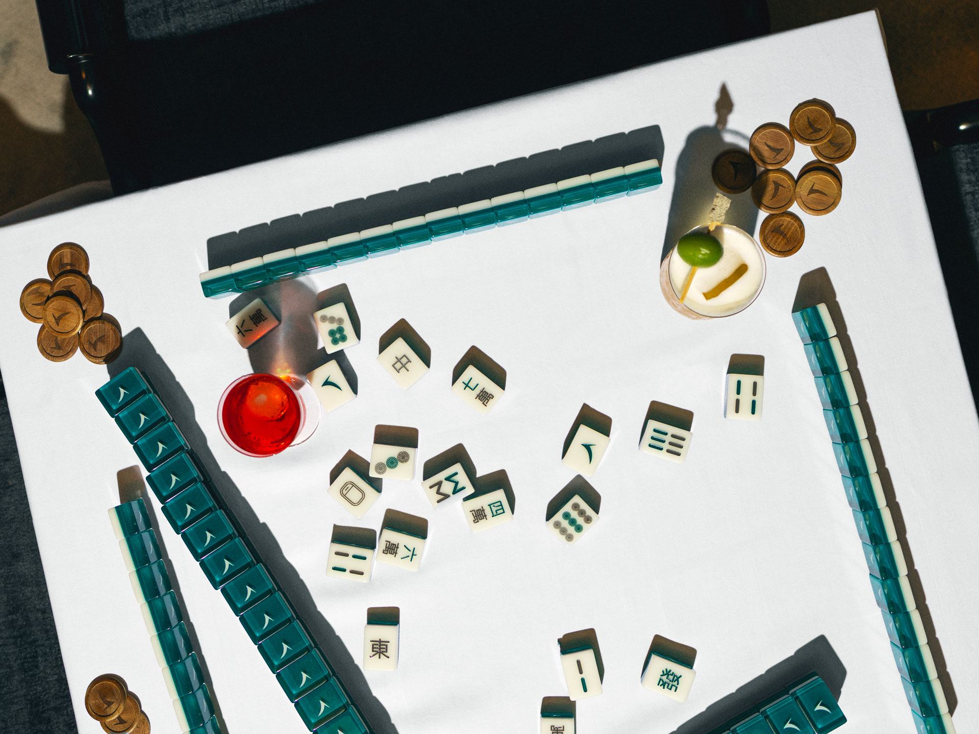 Mahjong table setup with drinks