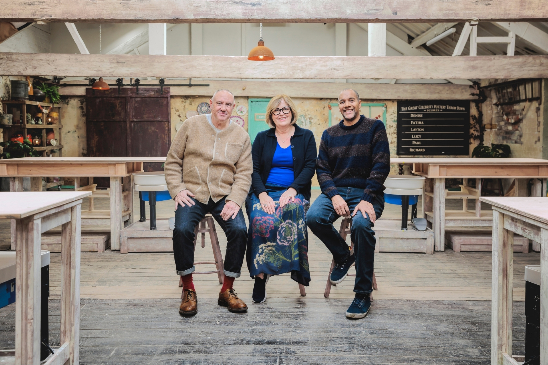 Keith Brymer Jones, Liza Tarbuck and Rich Miller in The Great Celebrity Pottery Throw Down
