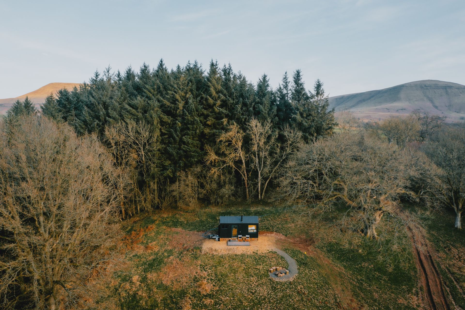 An Unyoked cabin surrounded by trees and wilderness
