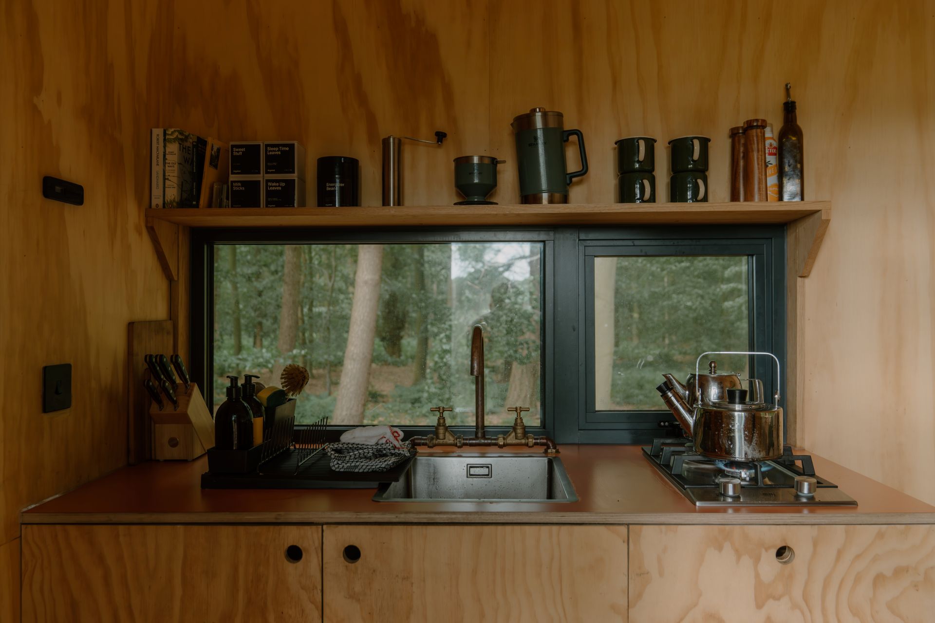 The kitchenette in an Unyoked cabin