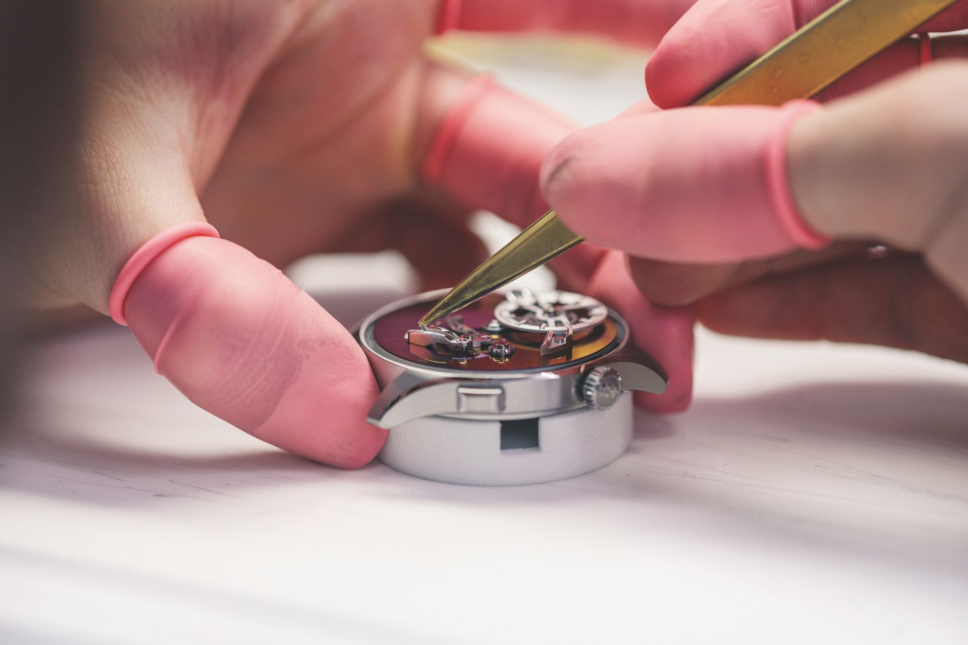 Two hands assemble an intricate watch