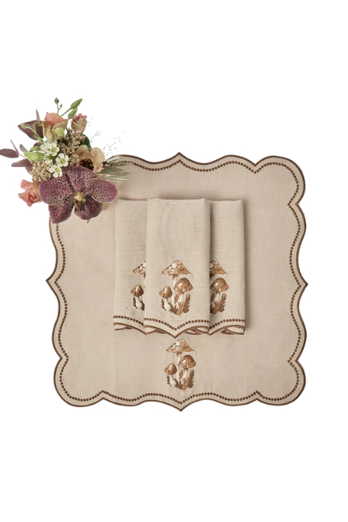 Mrs Alice Taupe & Chocolate Mushroom Embroidered Linen Napkins